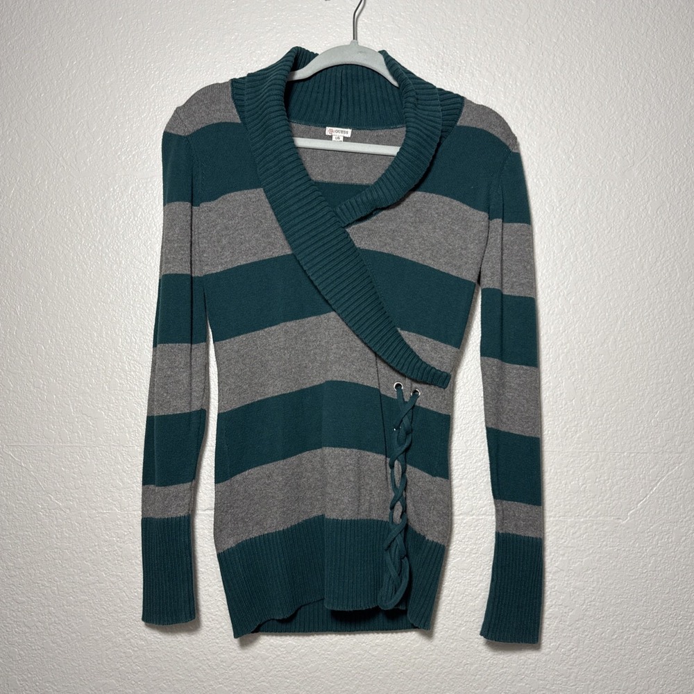 Vintage Y2K Guess Shawl Collar Womens‎ Green Gray Striped L
